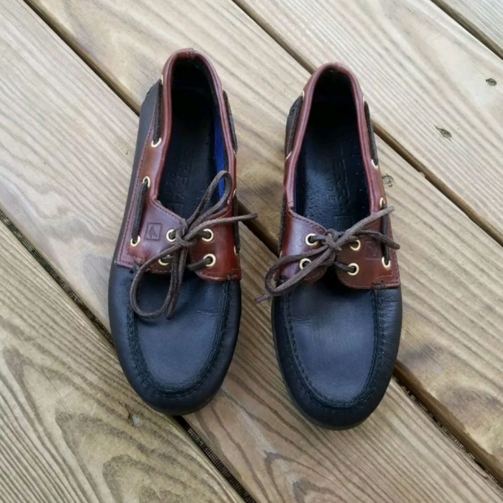 Sperry Mens 7.5 M Black Brown Leather Boat Shoes